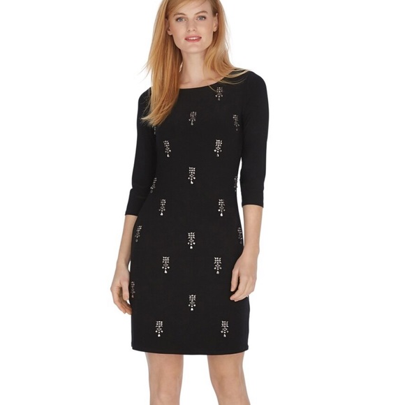 White House Black Market 3/4 Sleeve Embellished Shift Cocktail Causal Dress - Picture 1 of 5